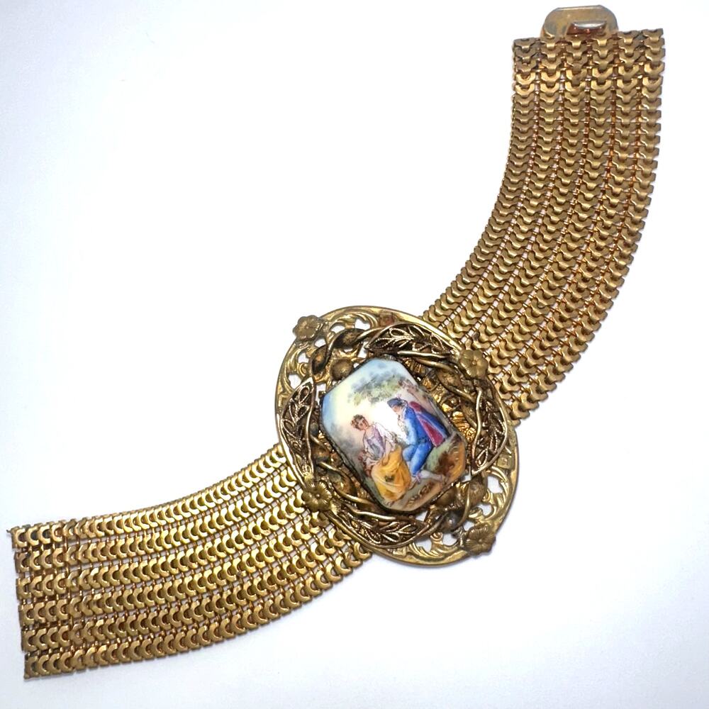 Vintage Victorian Revival gold tone hand painted portrait mesh bracelet